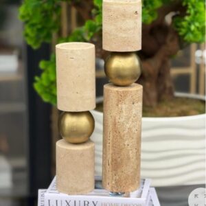 2-PIECE 30–40 CM TRAVERTINE CANDLE HOLDER SET WITH METAL BALL CENTER